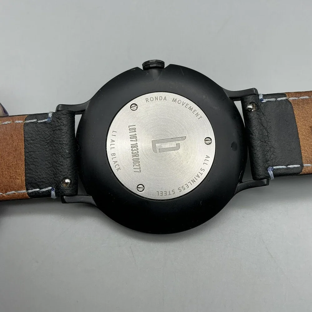 Lilienthal Berlin L1 All Black Mens Watch 42mm Black Dial Leather New Battery